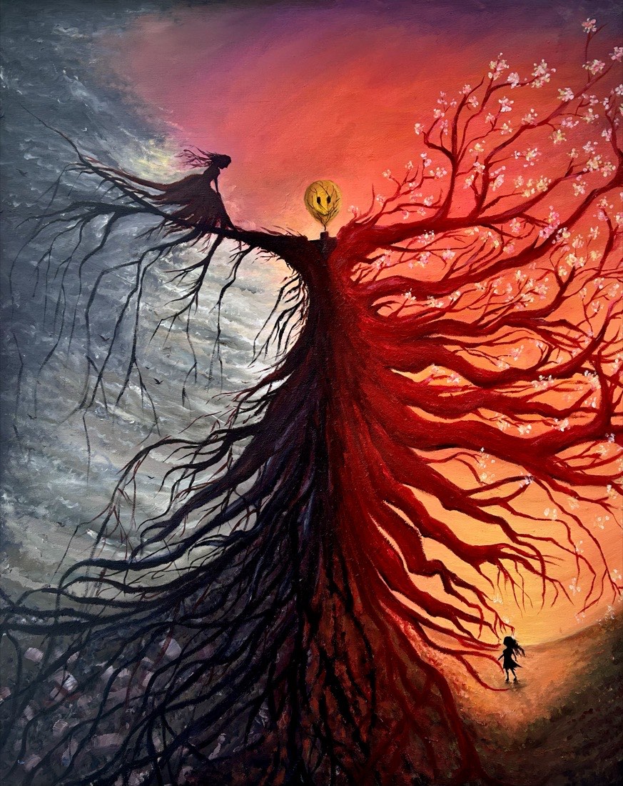A painting of one tree split in two — bare and ashen on one side, in full blossom on the other — with a small girl walking toward the bright half