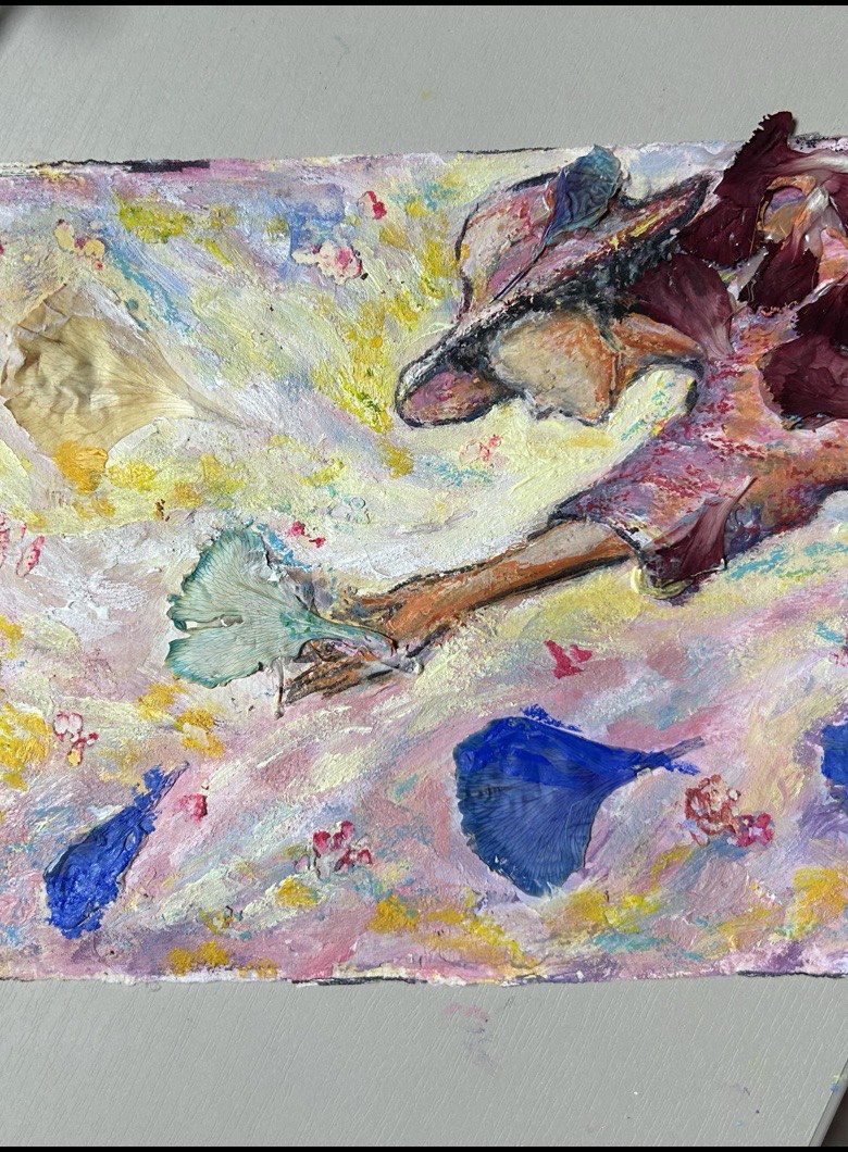 A painting of Da Eun’s grandmother in a sun hat, reaching up for a ginkgo leaf, made with real dried flowers